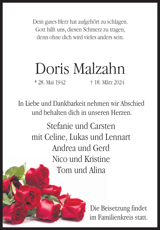 Traueranzeige von Doris Malzahn von Ruhr Nachrichten und Dorstener Zeitung