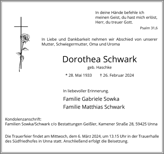 Traueranzeige von Dorothea Schwark von Hellweger Anzeiger