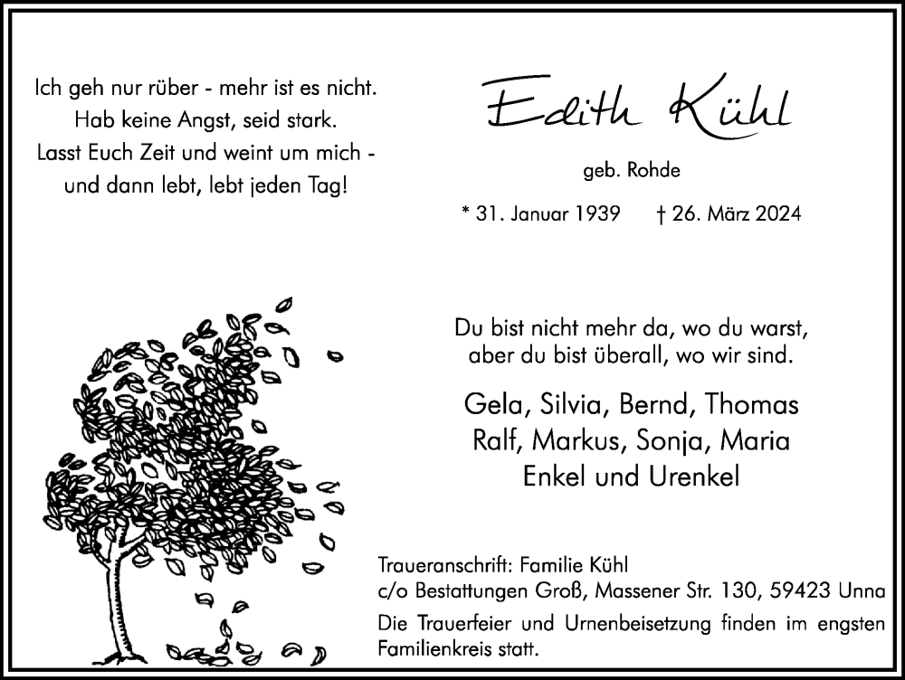  Traueranzeige für Edith Kühl vom 30.03.2024 aus Hellweger Anzeiger