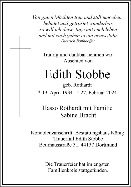 Traueranzeige von Edith Stobbe 