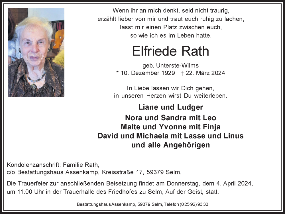  Traueranzeige für Elfriede Rath vom 27.03.2024 aus Ruhr Nachrichten