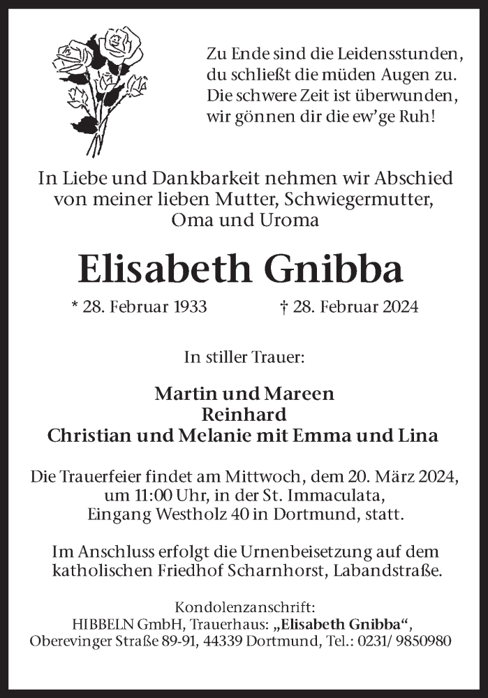  Traueranzeige für Elisabeth Gnibba vom 09.03.2024 aus 