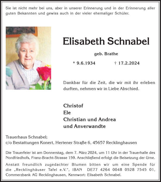 Traueranzeige von Elisabeth Schnabel von Medienhaus Bauer