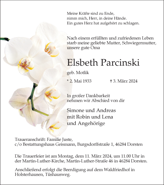 Traueranzeige von Elsbeth Parcinski von Ruhr Nachrichten und Dorstener Zeitung