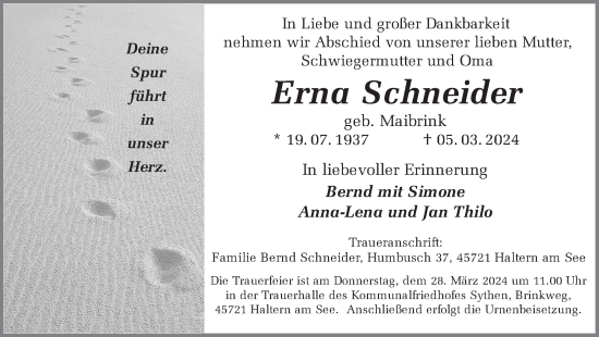 Traueranzeige von Erna Schneider von Ruhr Nachrichten und Halterner Zeitung