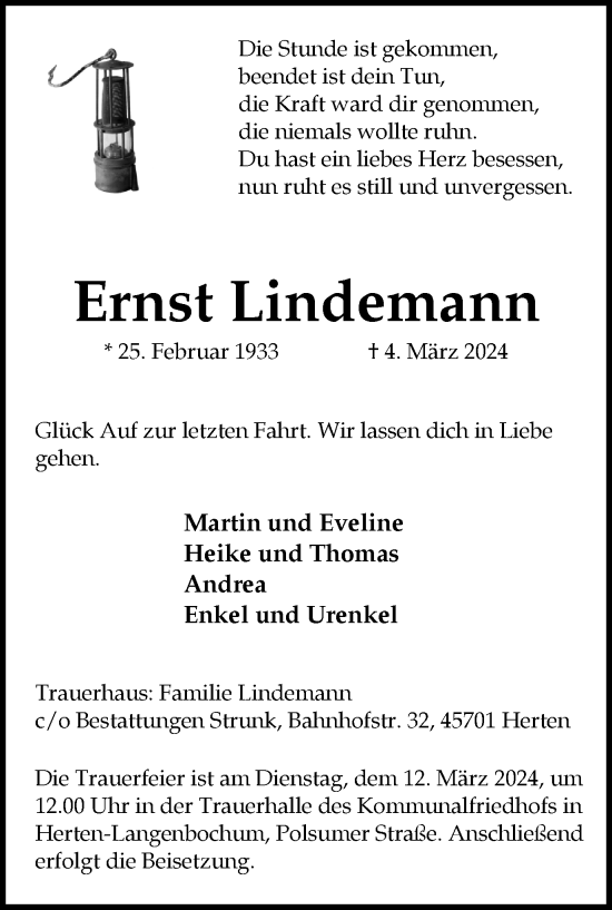 Traueranzeige von Ernst Lindemann von Medienhaus Bauer