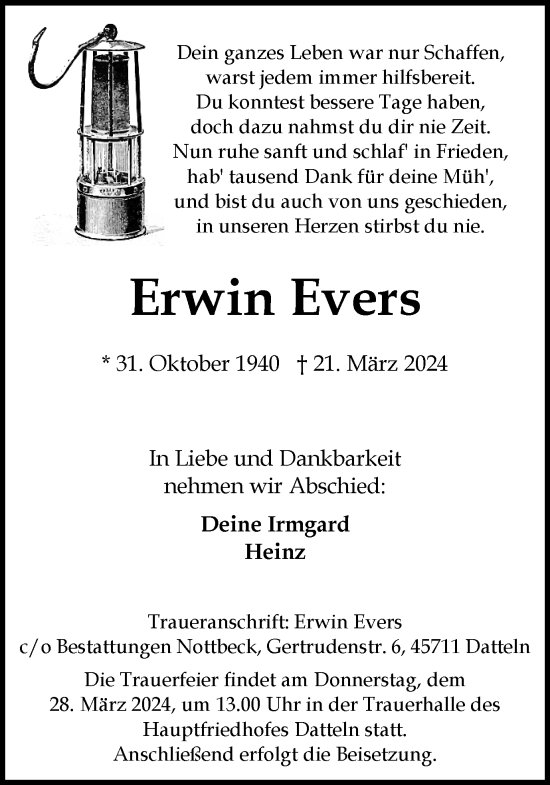 Traueranzeige von Erwin Evers von Medienhaus Bauer