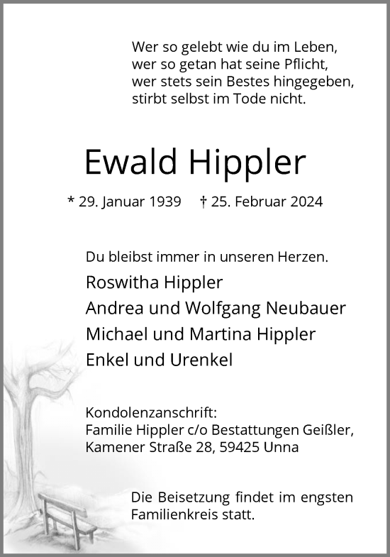 Traueranzeige von Ewald Hippler von Hellweger Anzeiger