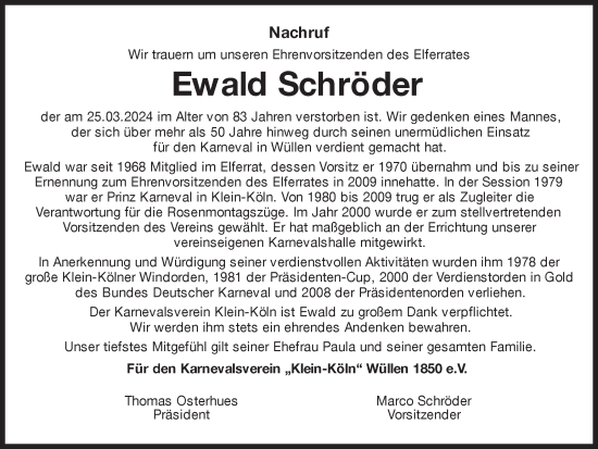 Traueranzeige von Ewald Schröder von Münsterland Zeitung