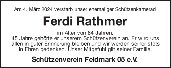 Traueranzeige von Ferdi Rathmer von Münstersche Zeitung und Münsterland Zeitung