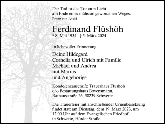 Traueranzeige von Ferdinand Flüshöh von Ruhr Nachrichten
