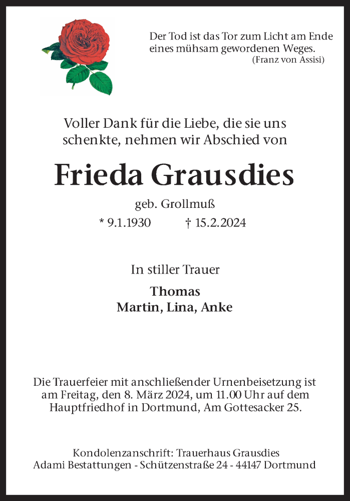  Traueranzeige für Frieda Grausdies vom 02.03.2024 aus 