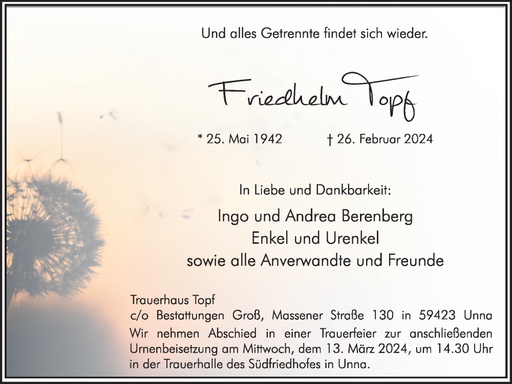  Traueranzeige für Friedhelm Topf vom 02.03.2024 aus Hellweger Anzeiger