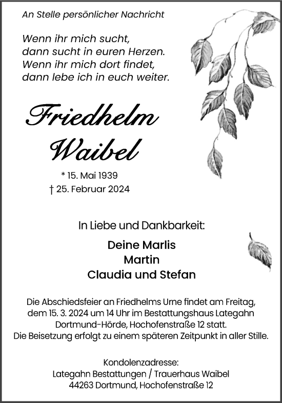 Traueranzeige von Friedhelm Waibel 