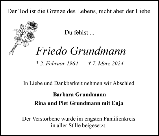 Traueranzeige von Friedo Grundmann von Medienhaus Bauer