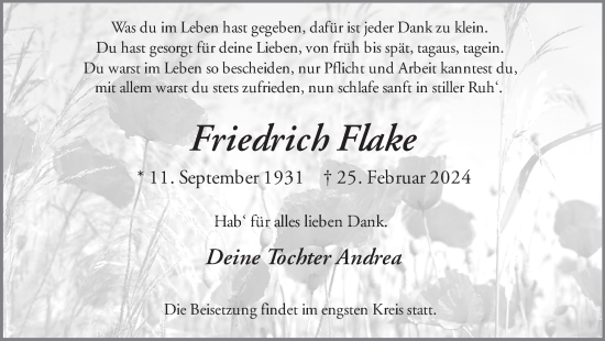 Traueranzeige von Friedrich Flake von Ruhr Nachrichten und Halterner Zeitung
