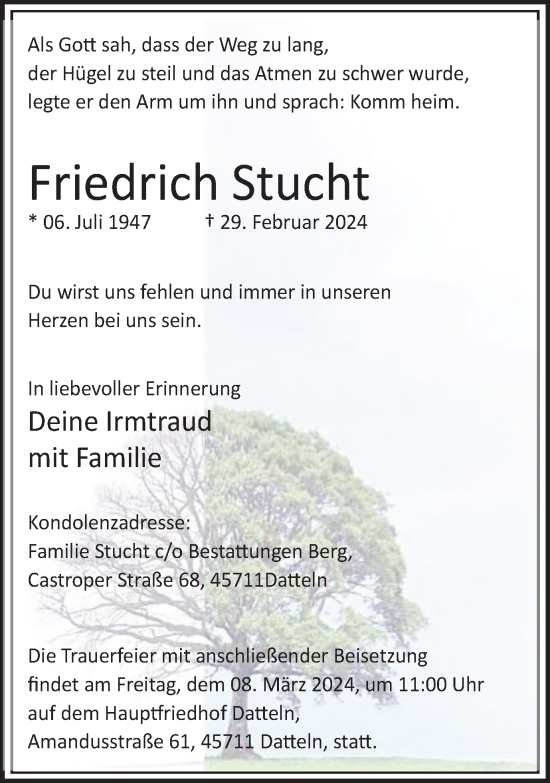 Traueranzeige von Friedrich Stucht von Medienhaus Bauer