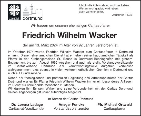 Traueranzeige von Friedrich Wilhelm Wacker 