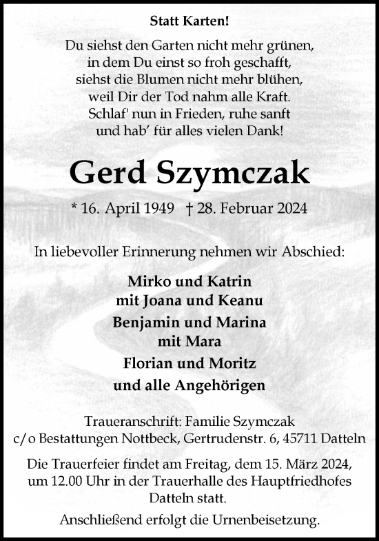 Traueranzeige von Gerd Szymczak von Medienhaus Bauer