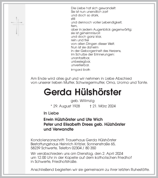 Traueranzeige von Gerda Hülshörster