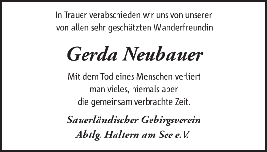 Traueranzeige von Gerda Neubauer von Ruhr Nachrichten und Halterner Zeitung