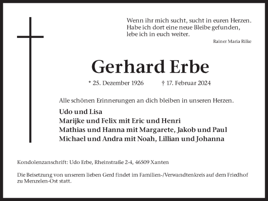 Traueranzeige von Gerhard Erbe 