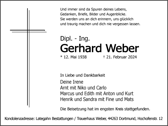 Traueranzeige von Gerhard Weber 