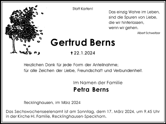 Traueranzeige von Gertrud Berns von Medienhaus Bauer