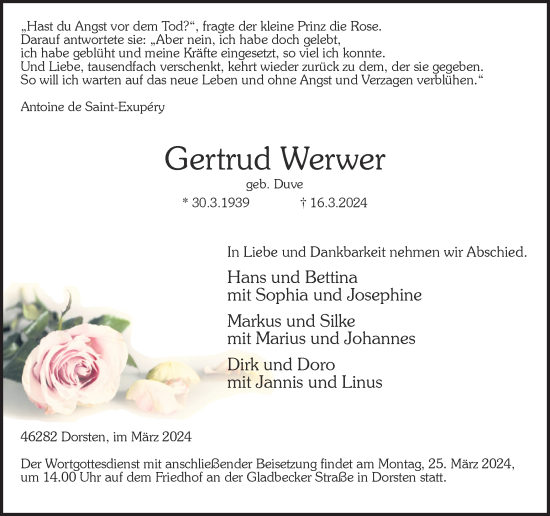 Traueranzeige von Gertrud Werwer von Ruhr Nachrichten und Dorstener Zeitung