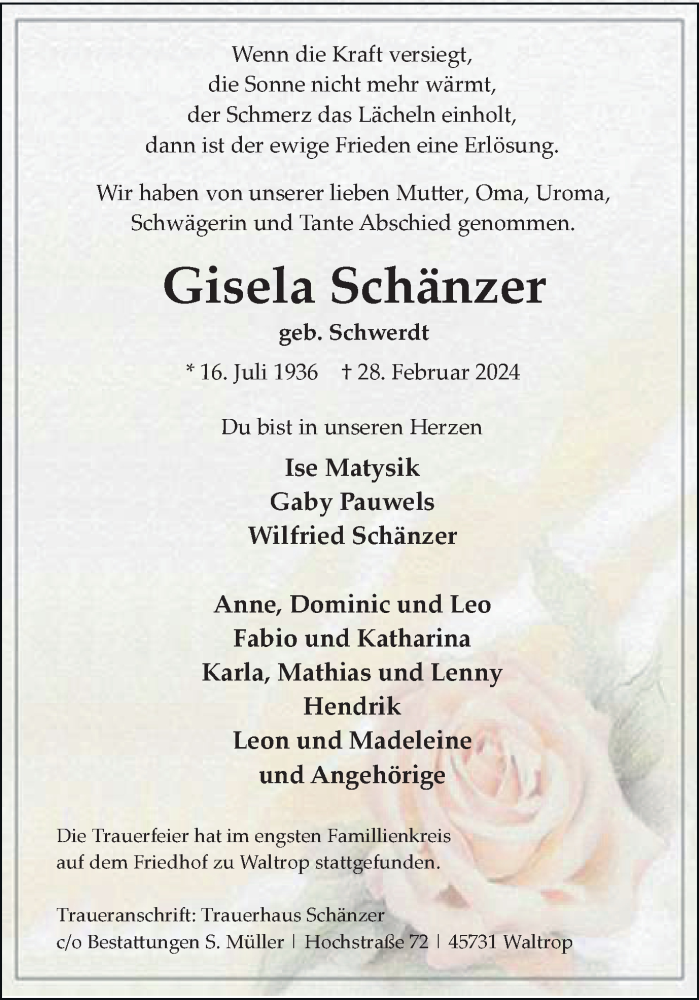  Traueranzeige für Gisela Schänzer vom 09.03.2024 aus Medienhaus Bauer
