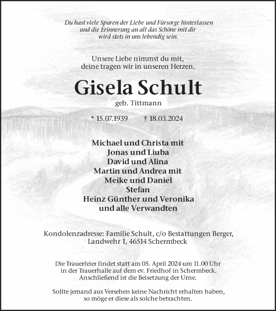 Traueranzeige von Gisela Schult von Ruhr Nachrichten und Dorstener Zeitung
