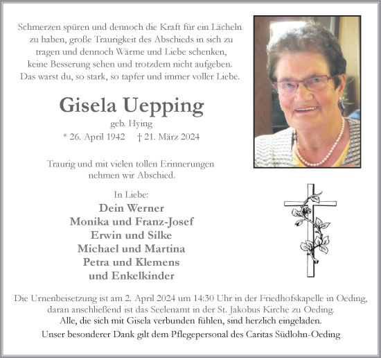 Traueranzeige von Gisela Uepping von Münsterland Zeitung