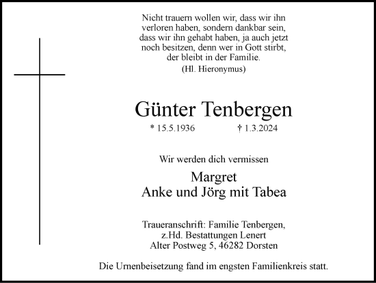 Traueranzeige von Günter Tenbergen von Ruhr Nachrichten und Dorstener Zeitung