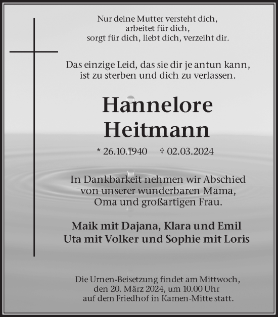 Traueranzeige von Hannelore Heitmann von Hellweger Anzeiger