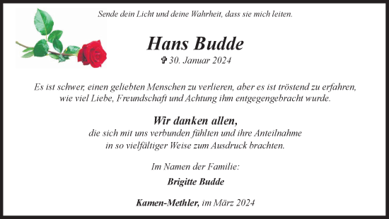 Traueranzeige von Hans Budde von Hellweger Anzeiger