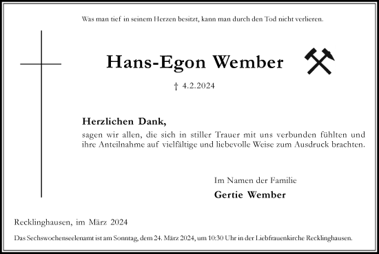 Traueranzeige von Hans-Egon Wember von Medienhaus Bauer