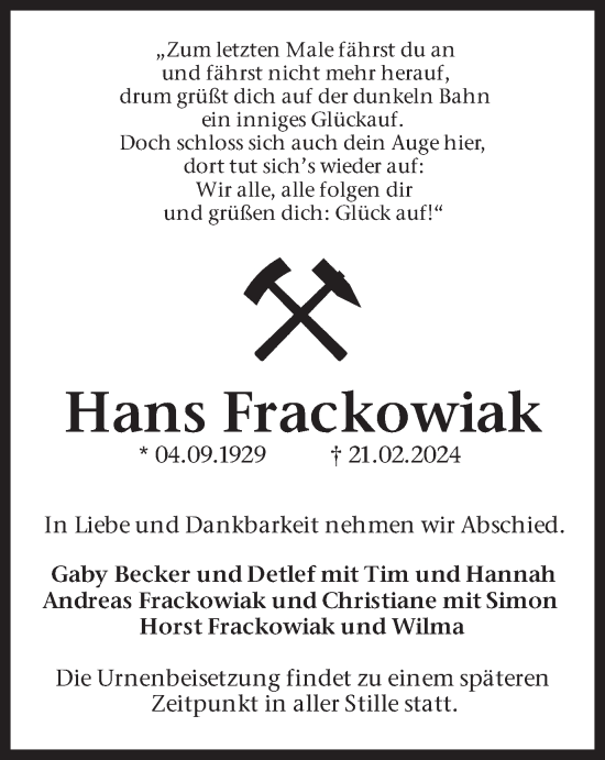 Traueranzeige von Hans Frackowiak von Ruhr Nachrichten