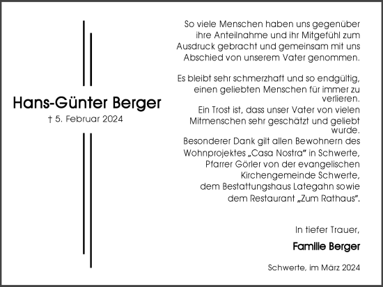 Traueranzeige von Hans-Günter Berger von Ruhr Nachrichten