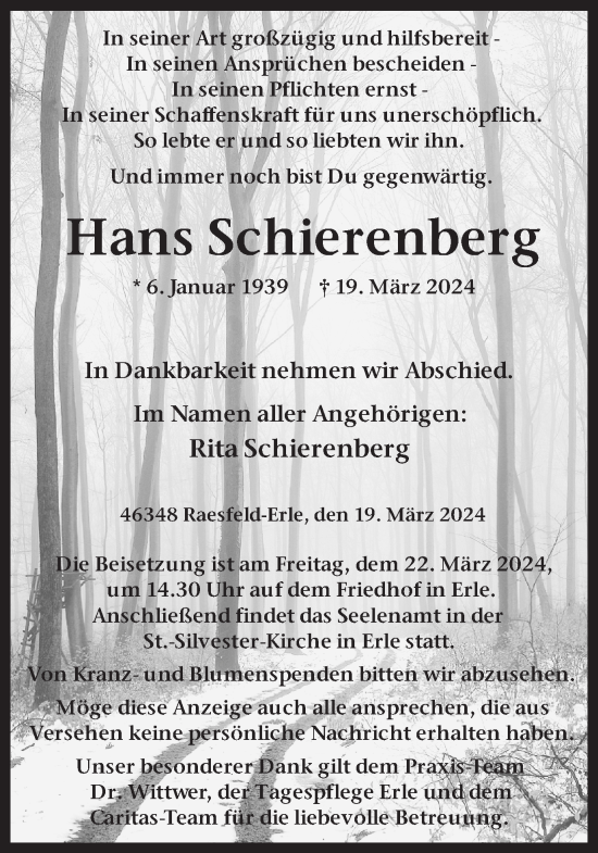 Traueranzeige von Hans Schierenberg von Ruhr Nachrichten und Dorstener Zeitung