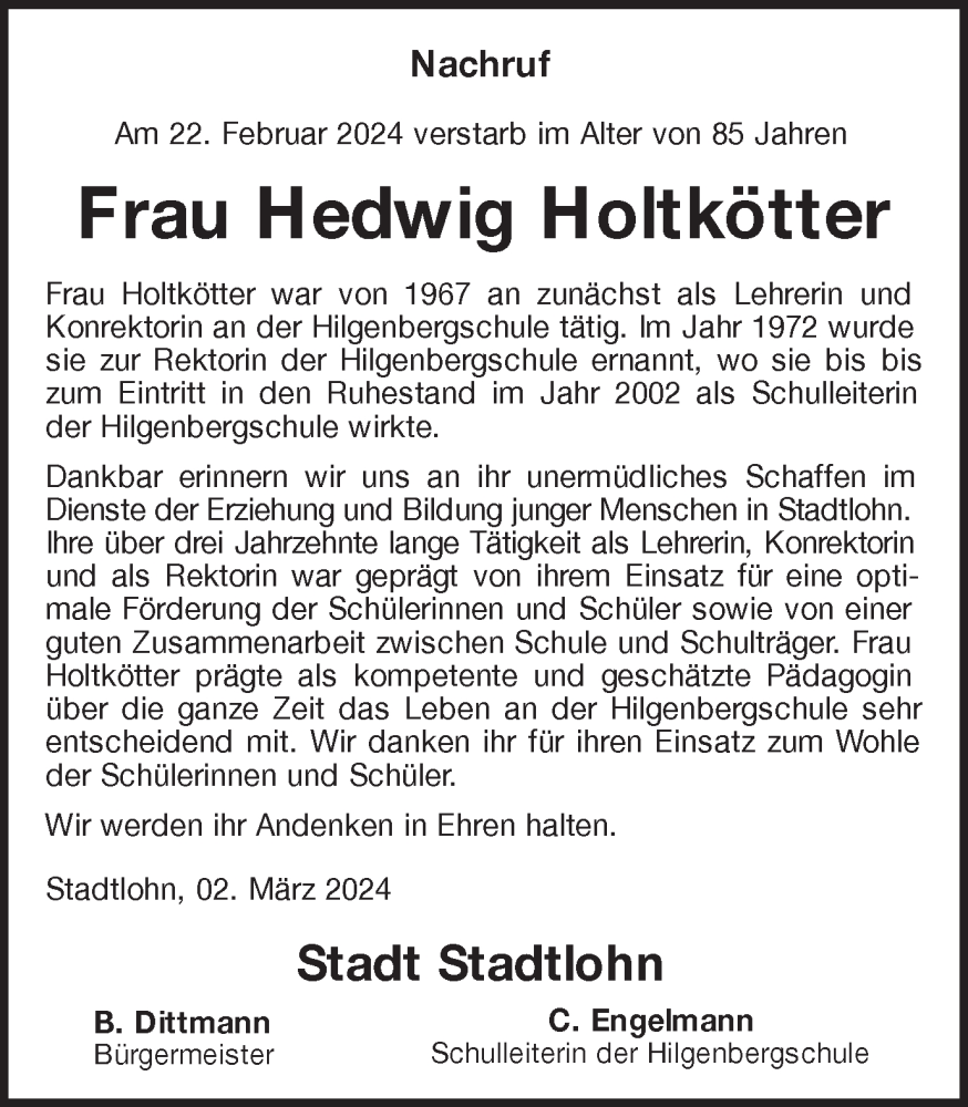  Traueranzeige für Hedwig Holtkötter vom 02.03.2024 aus Münstersche Zeitung und Münsterland Zeitung