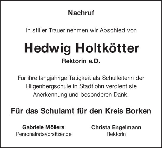 Traueranzeige von Hedwig Holtkötter von Münstersche Zeitung und Münsterland Zeitung