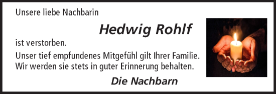 Traueranzeige von Hedwig Rohlf von Ruhr Nachrichten und Halterner Zeitung