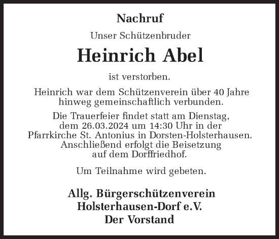 Traueranzeige von Heinrich Abel von Ruhr Nachrichten und Dorstener Zeitung