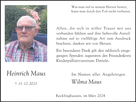 Traueranzeige von Heinrich Maus von Medienhaus Bauer