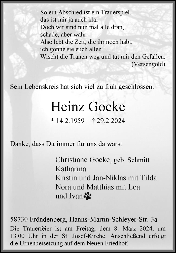  Traueranzeige für Heinz Goeke vom 02.03.2024 aus Hellweger Anzeiger