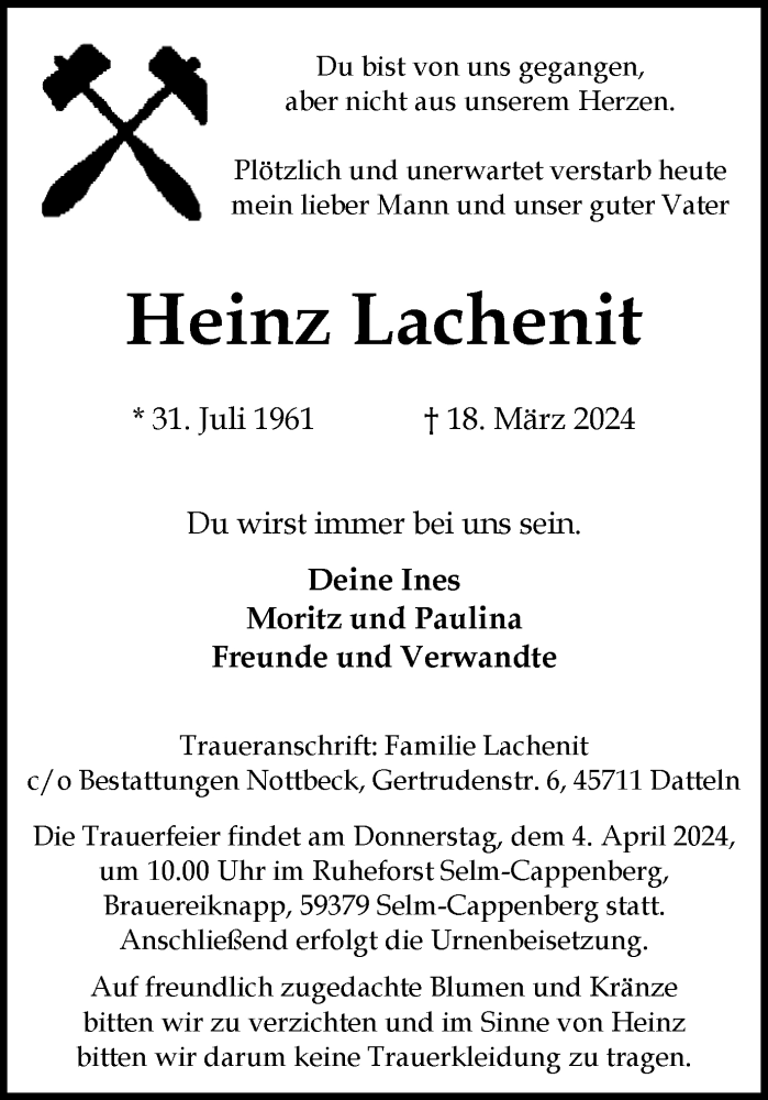  Traueranzeige für Heinz Lachenit vom 27.03.2024 aus Medienhaus Bauer