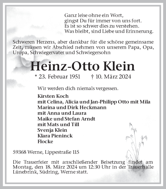 Traueranzeige von Heinz-Otto Klein von Ruhr Nachrichten