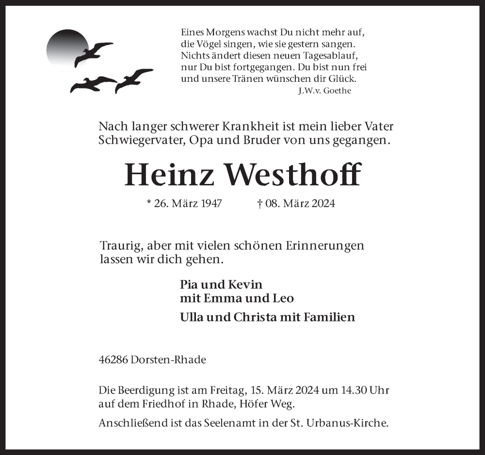  Traueranzeige für Heinz Westhoff vom 12.03.2024 aus Ruhr Nachrichten und Dorstener Zeitung