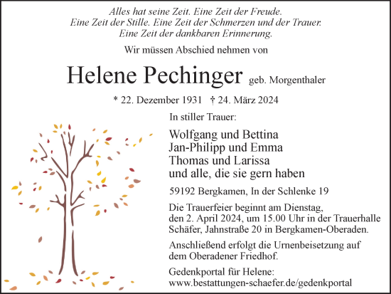 Traueranzeige von Helene Pechinger