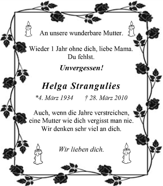 Traueranzeige von Helga Strangulies von Medienhaus Bauer
